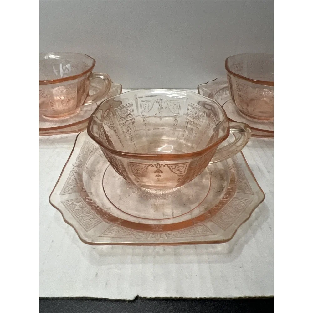 JEANETTE DEPRESSION GLASS PINK CUPS & SAUCERS 6 Piece